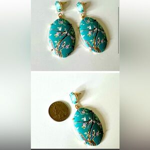 Blue Floral Oval Disk Earrings Grandmillennial Style Post